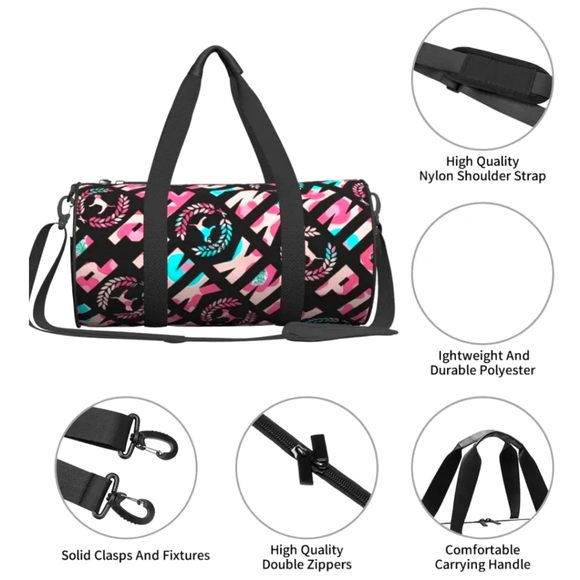 New Arrival!! PINK ...Spacious Black Duffel Bag With Detachable Adjustable Strap - Picture 5 of 6